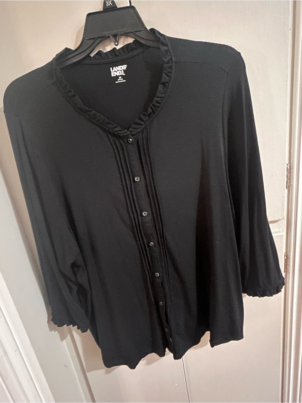Lands' End Black Ruffle-Trim Button Front Blouse